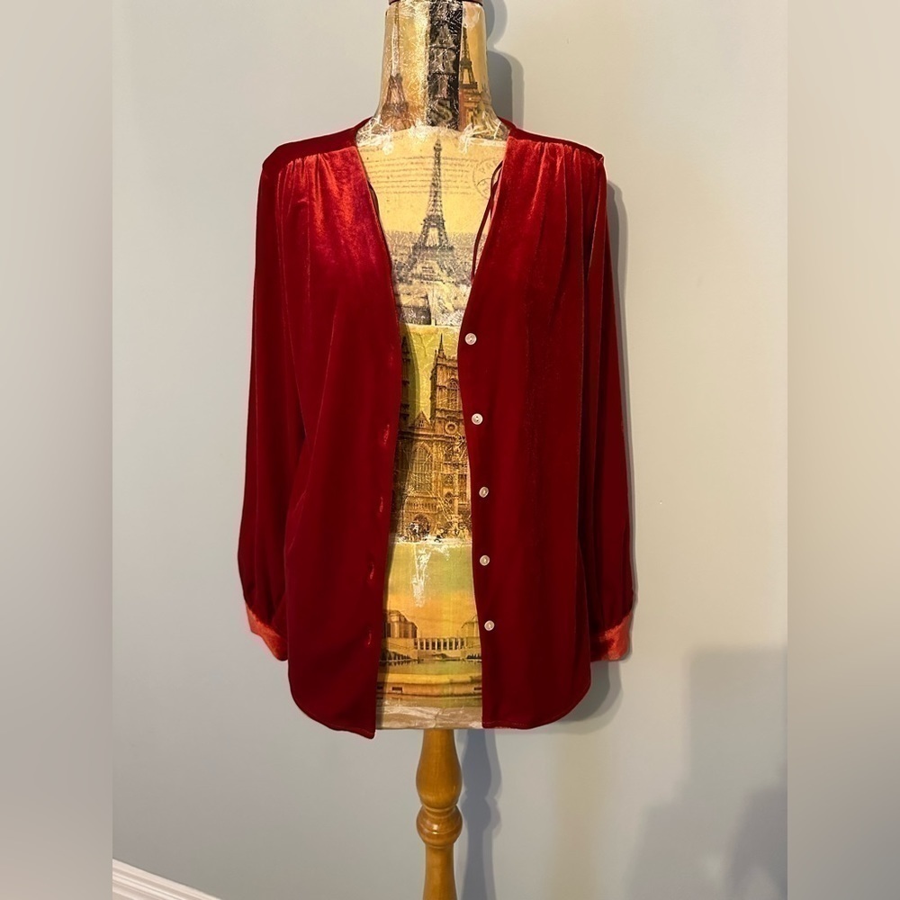 State V-Neck Velvet Button Front Top Red - Picture 3 of 10